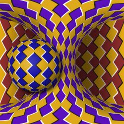 Optical motion illusion illustration. A sphere is rotating around of a moving hyperboloid. Abstract fantasy in a surreal style.